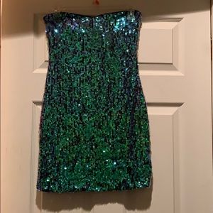 Iridescent green/blue sequin cocktail dress